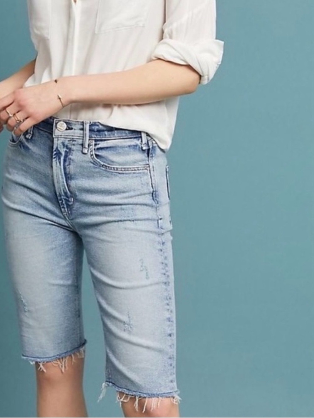 MCGUIRE DENIM 90s
Distressed Jean Biker Shorts in
La Colombe Blue